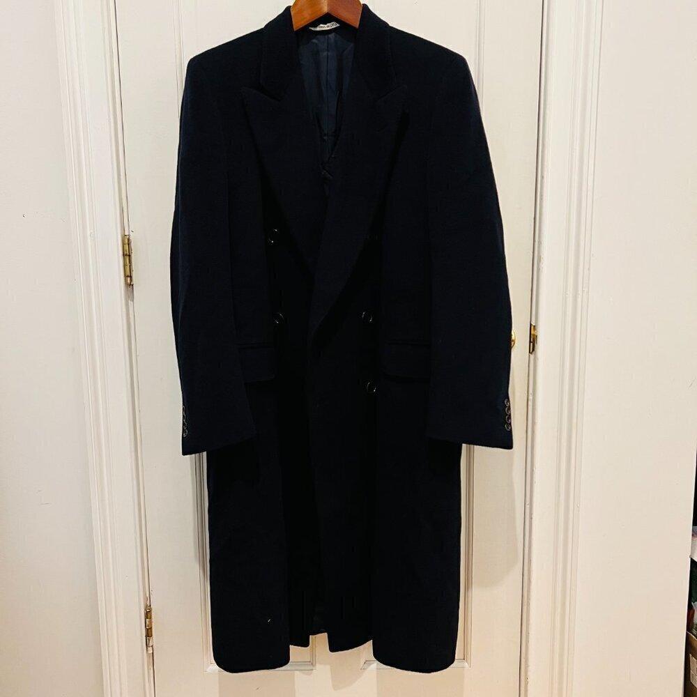 Lanvin Cashmere and Wool Double Breasted Peaked Lapel Men Coat Size 50 Navy Blue